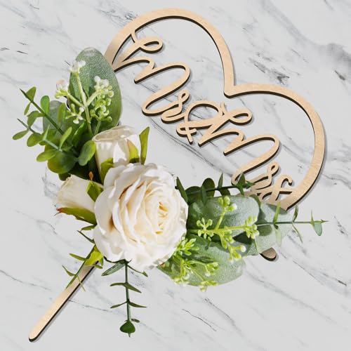 Mr & Mrs Wedding Cake Topper in Wood Heart Cake Topper with Flowers and Leaves (Premium)