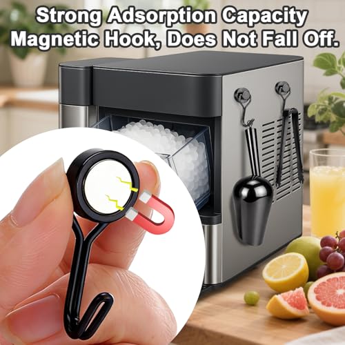 Stainless Steel Ice Scoop for Freezer with Magnetic Hook & Ice Tongs (6oz / Black)