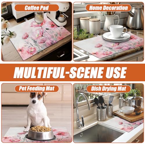 Pink Poppy Flower Dish Drying Mat for Kitchen Counter Microfiber Absorbent Dish Kitchen Drying Mat Draining Reusable Washable for Dishes