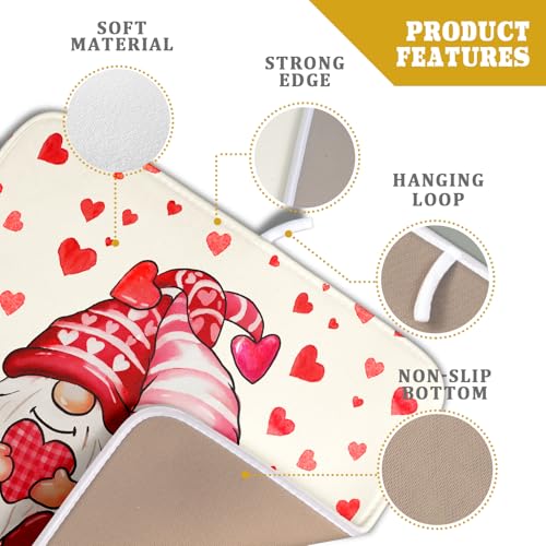 Love Gnome Dish Drying Mat 16"x18" Red Heart Microfiber Dish Drainer Rack Mat Holiday Absorbent Dishes Pad for Kitchen Counter Sink Decor (Love Gnome / 16" x 18")