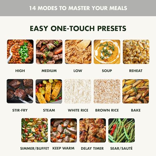 Elite 14-in-1 Nonstick 6QT Electric Slow Cooker, PFAS-Free Ceramic Multi-Cooker, In-Pot Browning, Dishwasher Safe Lid & Removable Crock, Stainless Steel Steamer, Silicone Handles, White (6 Quarts / Cream White)