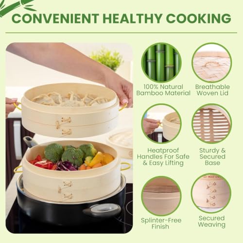Bamboo Steamer Basket 10 Inch Extra Deep Easy Lift Handles Dumpling Steamer (3 Piece Set)