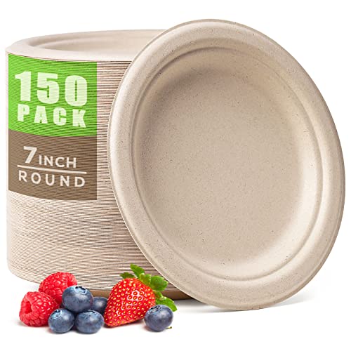 Small Paper Plates 7 Inch 150 Pack Compostable Dessert Plates (Brown / 7in 150pcs)