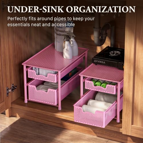 Stackable 2 Tier Sliding Basket Organizer Drawer (2-Tier / Pink)