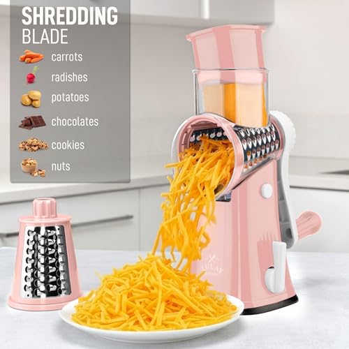 Rotary Cheese Grater Manual Hand Crank 5 Blade Shredder (5 Blades / Peach & White)