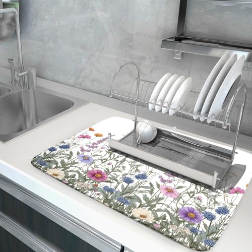 Flower Herbs Dish Drying Mat Botanical Plant Dishes Drainer Mat 18x24 inch Reversible Microfiber Drying Dish Pad for Kitchen Counter Decor (Flower Herbs Plant / 18" x 24")
