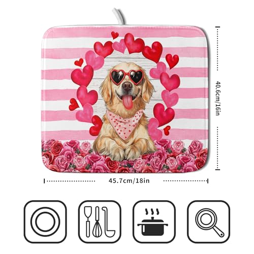 Valentine's Day Dog Dish Drying Mat for Kitchen Counter 16x18 inch Heart Rose Absorbent Dish Drainer Rack Mats for Coffee Bar Countertop (Heart Rose Dog / 16" x 18")