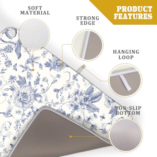Chinoiserie Flower Dish Drying Mat Blue Leaves Dishes Drying Pad Reusable Washable Kitchen Countertop Protector Dish Drainer Mat 18x24 Inch (Chinoiserie Flower / 24" x 18")