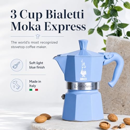 Moka Express 3 Cup Light Blue & Almond Ground Coffee Gift Set (3 Cups / Light Blue Moka & Ground Coffee)