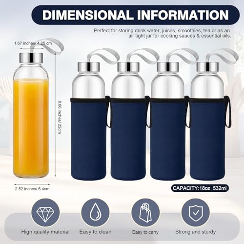 12 Pack Glass Water Bottles with Sleeves (Stylish / Navy Blue)