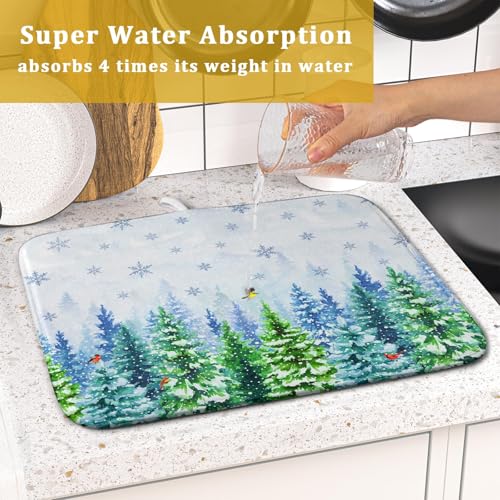 Winter Dish Drying Mat Forest Kitchen Mat for Counter for Home Season Decor 18 X 16 In (Winter Forest Bird / 18" x 16")