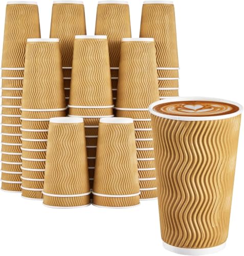 90 Pack 16 oz Disposable Paper Coffee Cups Insulated Champagne (Champagne / 16 oz)