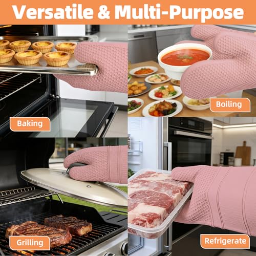 Silicone Oven Mitts Kitchen Potholder Set (2PCS-13"L x 7"W/PINK-HONEYCOMB SURFACE)