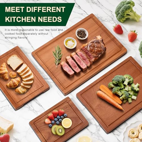 Wooden Cutting Board Set of 4 with Holder Solid Wood Chopping Boards for Kitchen with Juice Grooves Thick Large Cutting Board (15.7"L x 11.8"W)