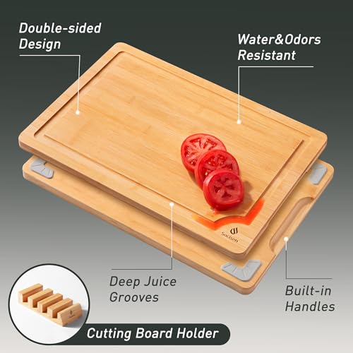 Bamboo Cutting Board Set Non Slip Feet with Holder Over Sink Adult Women Her Sister Aunt Wife Hustband Lady Bestie Soul Happy Christmas Xmas Birthday Gifts Cool Unique Aesthetic 30 40 60 70 Year Old (4 Pack with Holder / Natural)