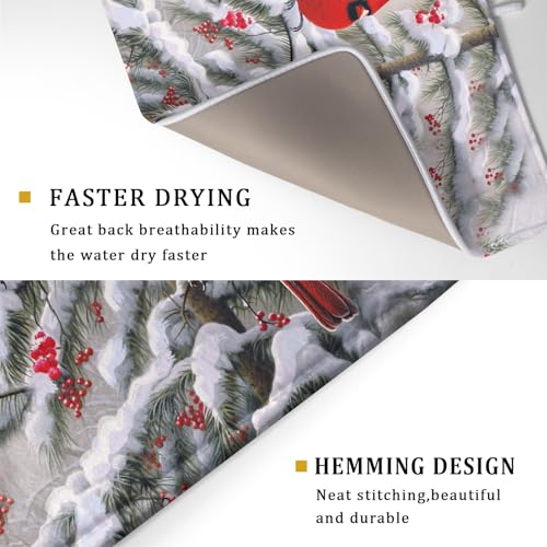 Red Birds Dish Drying Mat Winter Berry Dish Drainer Mats Absorbent Reversible Microfiber Kitchen Countertop Protector Dishes Pad 18x24 inch (Winter Red Bird / 18" x 24")