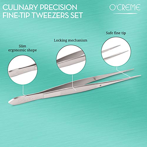 Stainless Steel Kitchen Tweezer Tongs with Fine Tip (6.25" Straight / Silver)