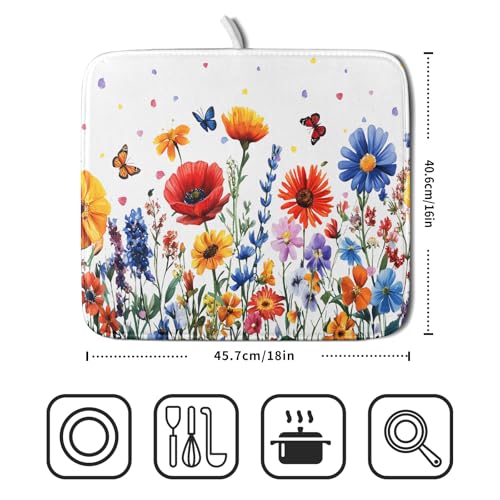 Watercolor Flower Dish Drying Mat 16x18 Inch Floral Butterfly Dish Drainer Protector Pad Washable Reversible Kitchen Counter Dish Dry Pad (Watercolor Flower / 16" x 16")