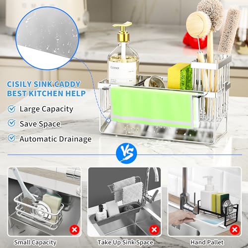 Kitchen Sink Caddy Organzier with High Brush Holder (Silver With Towel Rack / 9.25 inches)