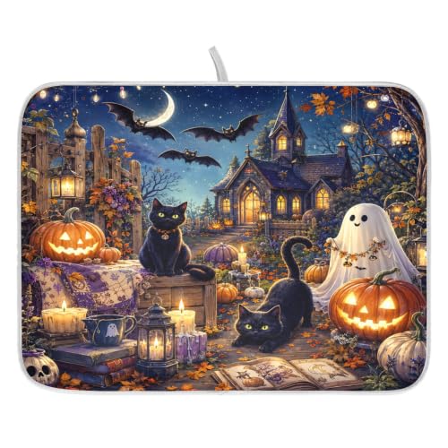 Halloween Night Scene Dish Drying Mat for Kitchen Counter Absorbent Microfiber Small Drying Pad Cats Ghost Dish Mats for Kitchen Countertops 16 x 18 Inch (Halloween Night Scene / 18" x 16")