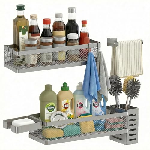 5-in-1 Wide Wall Mount Wrapped Mesh Kitchen Organizer & Shower Caddy Kit, with Paper Towel Holder, Utensil Holder, Soap Dish, Heavy Duty 50LBS - Silver Gray, Netting (Silver Grey / 5-in-1 Full Mesh (12.6" Wide))