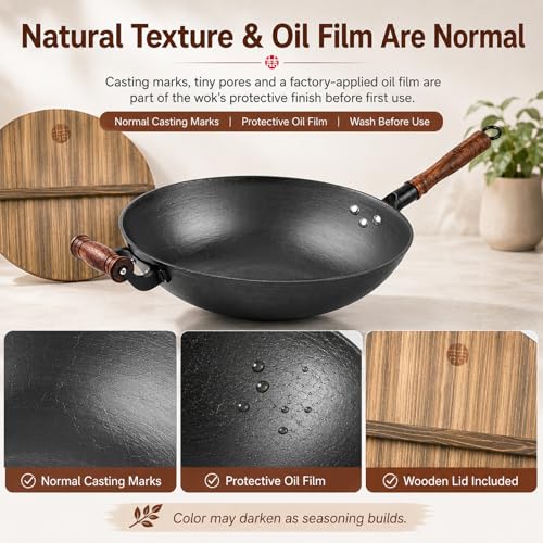 14.2 Inch Cast Iron Wok with Wooden Lid & Handle (14.2 Inch)