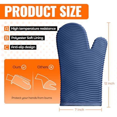 Silicone Oven Mitts (2PCS-12"L x 7"W/BLUE-WAVE SURFACE)