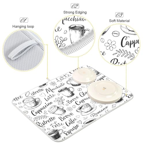 Coffee Cups Print Dish Drying Mat for Kitchen Counter Absorbent Microfiber Drying Pad (16" x 18")