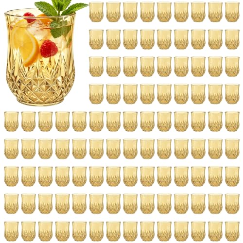 100 Pack Plastic Stemless Wine Glasses (Gold)