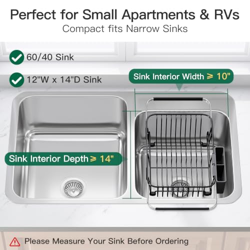 Black Dish Drying Rack in Sink with Utensil Holder (Black / For 10"-12"w Sink)