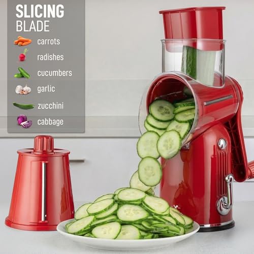 Rotary Cheese Grater Manual Hand Crank 5 Blade Shredder (5 Blades / Classic | Red)