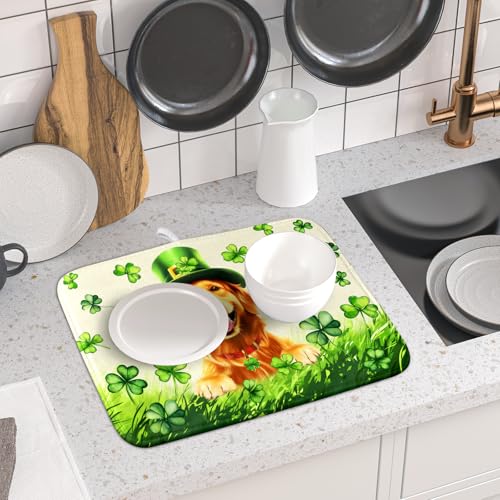 St Patrick's Day Dog Dish Drying Mat 16x18 inch Green Shamrock Dishes Pad Absorbent Microfiber Dish Drainer Mat for Kitchen Counter Coffee (Shamrock Dog / 16" x 18")