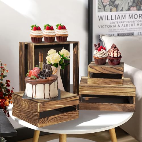 4 Pcs Buffet Risers with Mini Signs (Rustic Dark Brown / 4 Pcs (8.0", 7.0", 6.5", 5.5"))