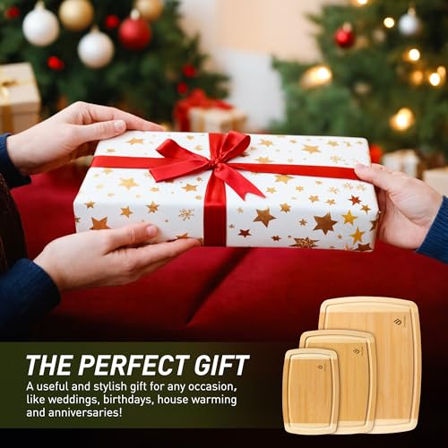 Bamboo Cutting Board Set Non Slip Feet Over Sink Tablas Para Picar Cocina Tabua Madeira Corte Carne Bambu Alimentos Cortar Madera Juego Regalos Cumpleaños Navidad Mujer Mama Abuela Hombre Papa (3-Piece / Two-Tone Bamboo)