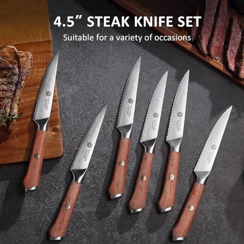 Steak Knives Set of 6 with Full Tang Rosewood Handle (6 PCS Steak Knife Set)