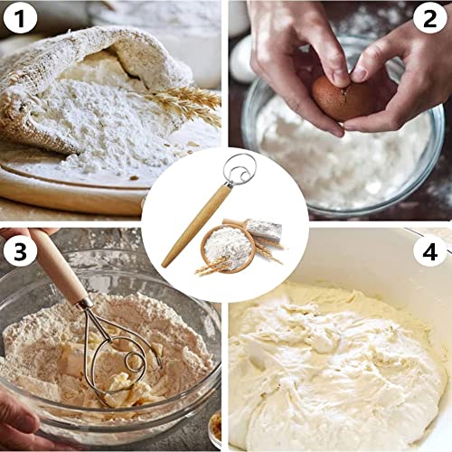 Danish Dough Whisk 13" Stainless Steel Bread Whisk Bread Making Tools Danish Dough Hook Bread Dough Mixer Hand Bread Dough Whisk for Pastry