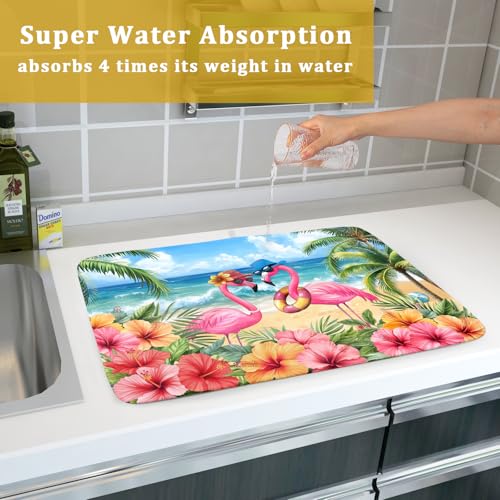 Summer Flamingos Dish Drying Mat 18x24 inch Tropical Beach Microfiber Washable Dish Rack Mats Drainer Pad for Counter Kitchen Table Decor (Summer Flamingos / 18" x 24")