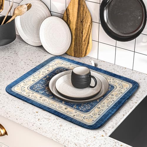Blue Boho Dish Drying Mat for Kitchen Counter 16x18 Inch Fast Dry Drying Pad Vintage Floral Dish Drainer Rack Mats Coffee Bar Accessories (Blue Boho / 16" x 18")