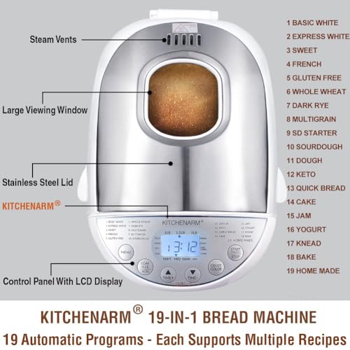 19-in-1 HANDY Bread Machine with Homemade Cycle and Gluten Free Setting - Beginner Friendly 2LB 1.5LB 1LB White Bread Maker Machine with Recipes and Delay Timer (White Body - Stainless Steel Lid & Chamber / 19 Programs - 3 Loaf Sizes - 3 Crust Colors)