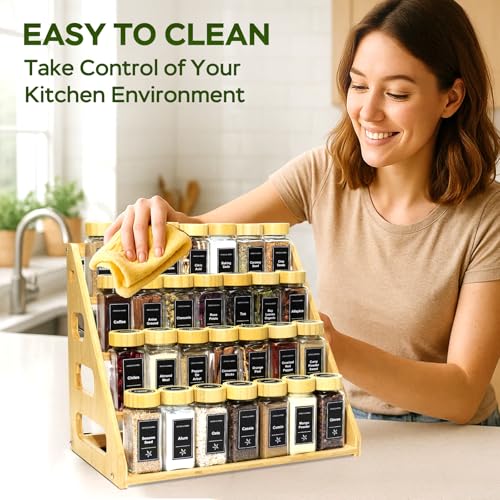 4Tier Bamboo Spice Rack Organizer with 28 Glass Spice Jars Empty 4 oz Jars