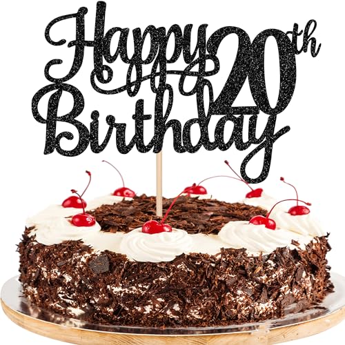 1 PCS Happy 20th Birthday Cake Topper Glitter Cheers to 20 Years Birthday Cake Pick Twenty 20 Fabulous Cake Decoration for Happy 20th Birthday Theme Party Decorations Supplies Black (Black / 20th)