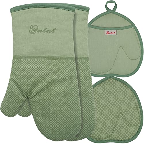 Silicone Oven Mitts (4PCS-13"L x 7"w/Peak Green-HeartSet)