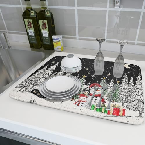 Winter Snowman Dish Drying Mat 24 X 18 in Black Microfiber Dish Pad Absorbent Holiday Kitchen Accessories (Winter Snowman Black / 24" x 18")