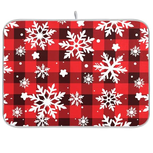 Snowflakes Christmas Tartan Plaid Dish Drying Mat for Kitchen Counter Absorbent Microfiber Drying Pad (18" x 24")