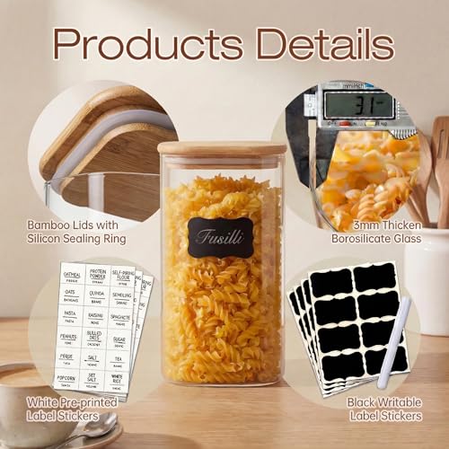 53 oz Square Glass Food Storage Containers with Airtight Bamboo Lids (4 Count)