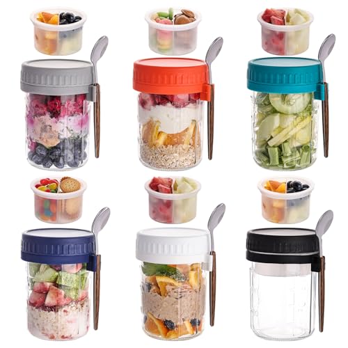 6 Pack Overnight Oats Containers with Lids and Spoons (6 Pack Oats Jar)