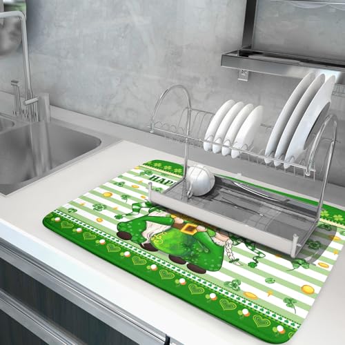 Shamrock Gnome Dish Drying Mat Coin Clover Dishes Fast Dry Mat 18x24 inch Absorbent Microfiber Dishware Drainer Pad for Kitchen Counter Sink (Shamrock Gnome Coin / 18" x 24")