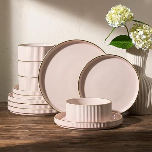 Plates and Bowls Set with Rim (Light Pink / Service for 4)