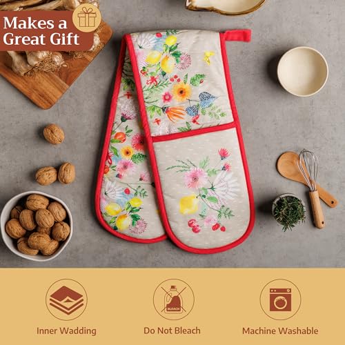 Double Oven Mitts 100% Cotton Double Oven Glove (105 - Jardin D'ete - Fog / 7" x 35" (Double Oven Mitt))