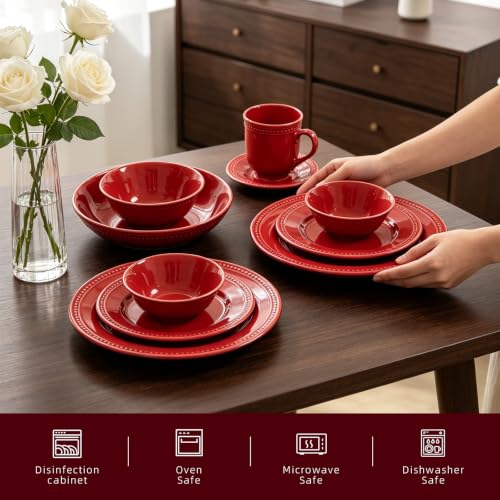 Pearl Dots Stoneware Dinnerware Set (56pc Set / Red)